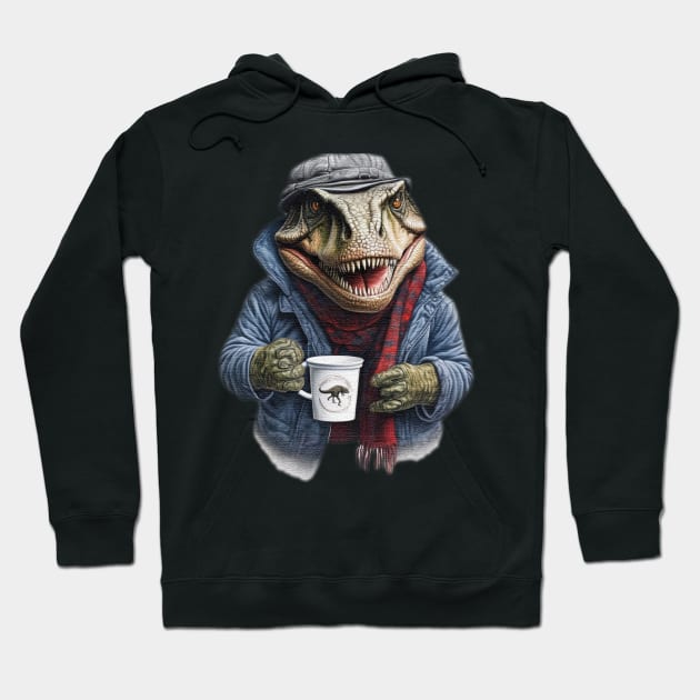 T-Rex wearing a jackets holding a cup of coffee Hoodie by JnS Merch Store